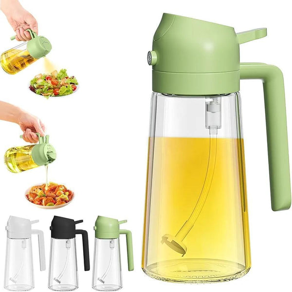 Glass oil dispenser bottle with a flip-top lid and pour spout