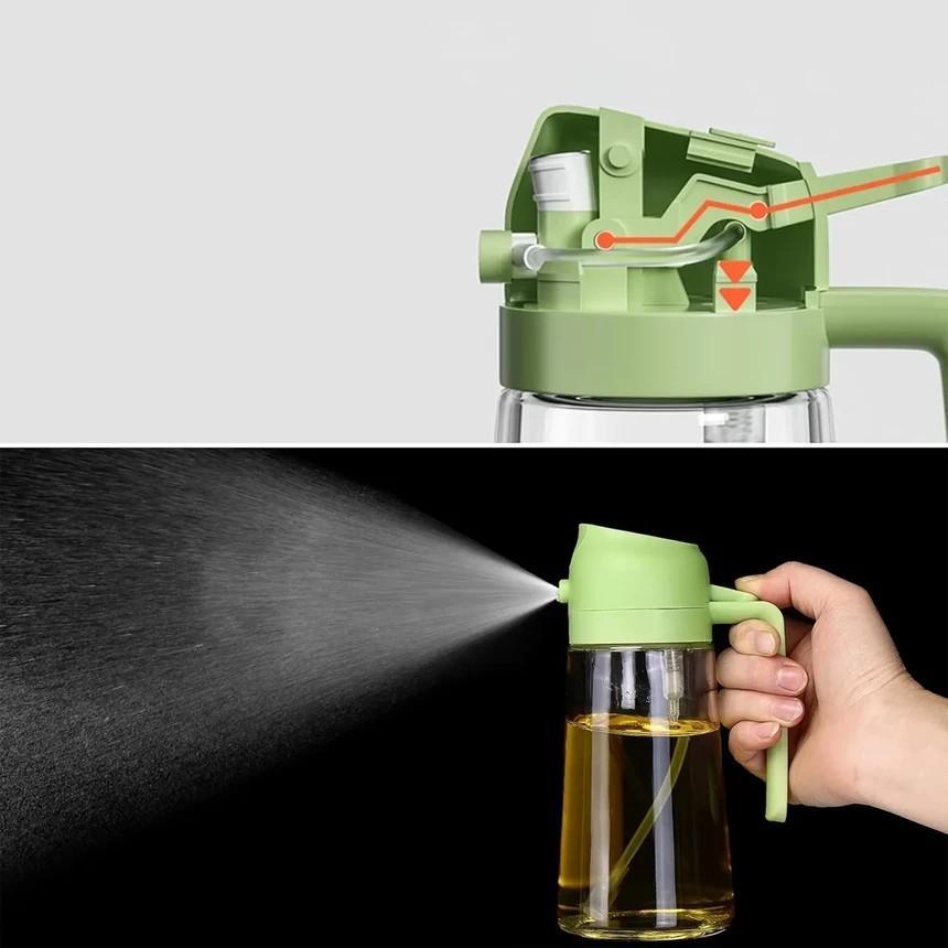 Glass oil dispenser bottle with a flip-top lid and pour spout