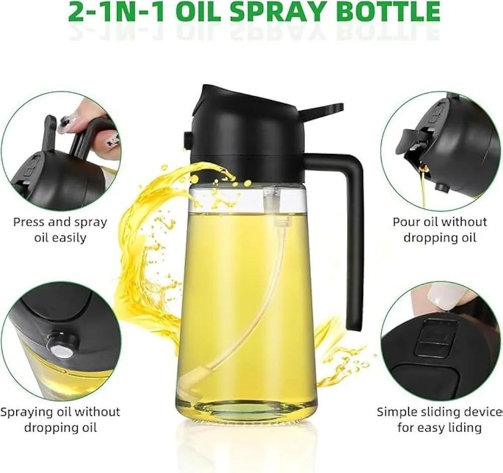 Glass oil dispenser bottle with a flip-top lid and pour spout
