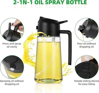 Glass oil dispenser bottle with a flip-top lid and pour spout